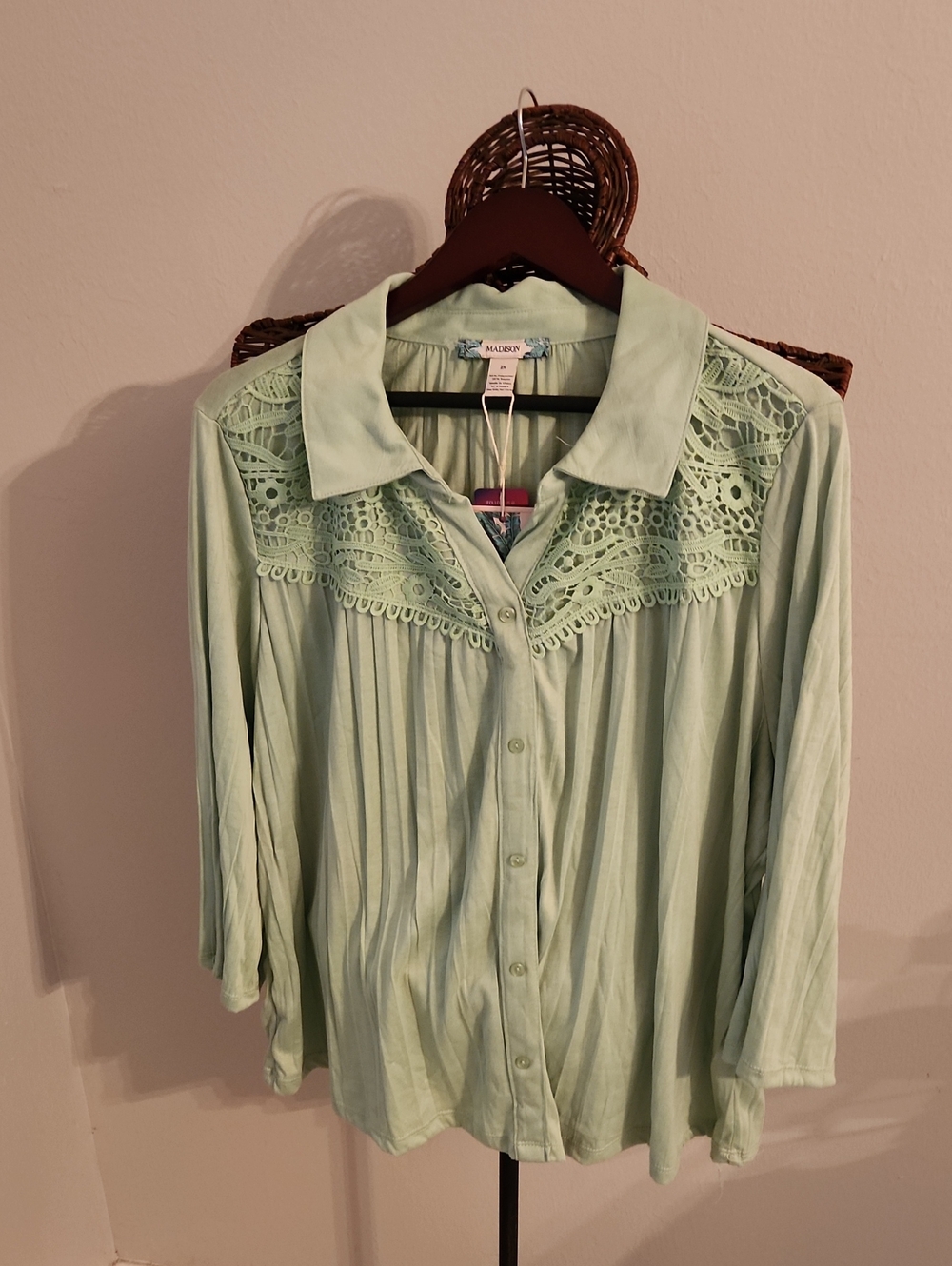 Mint Green Lace-Trim Button-Up Blouse